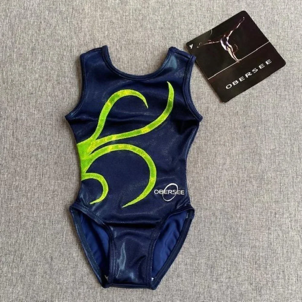 2 Pcs Obersee Girl's Gymnastics Leotards, Navy/Green Strands, Child XXS